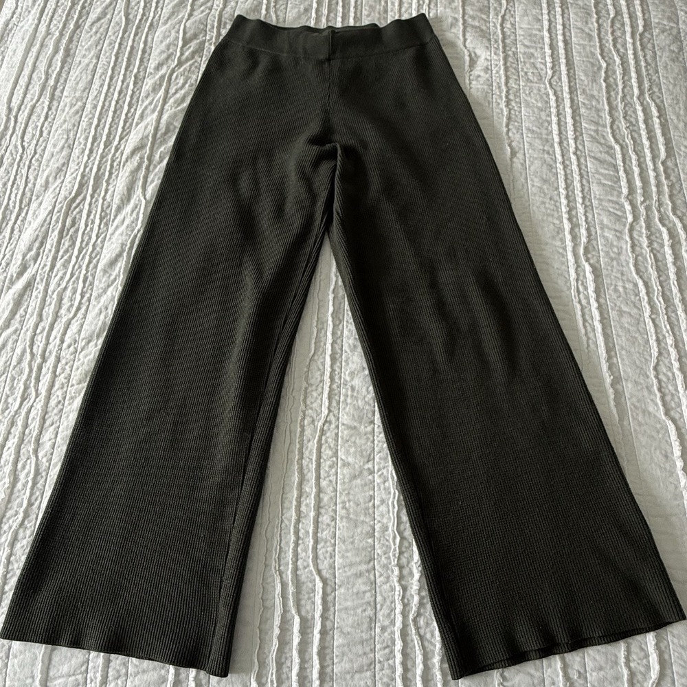 Bohme Waffle Lounge Pants Knit Pull On Woman L Wide leg Stretch Dark Green